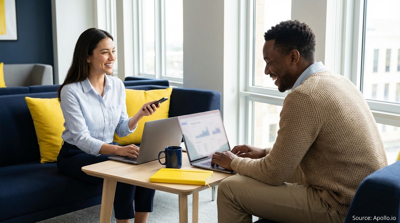 Two smiling colleagues collaborate on laptops in a modern, brightly lit office lounge.