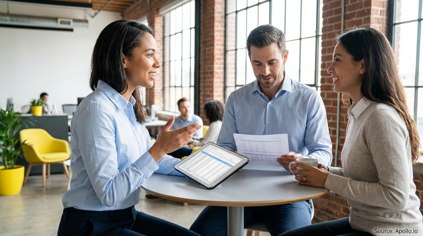 Three professionals review data on a tablet and papers at a modern office table.