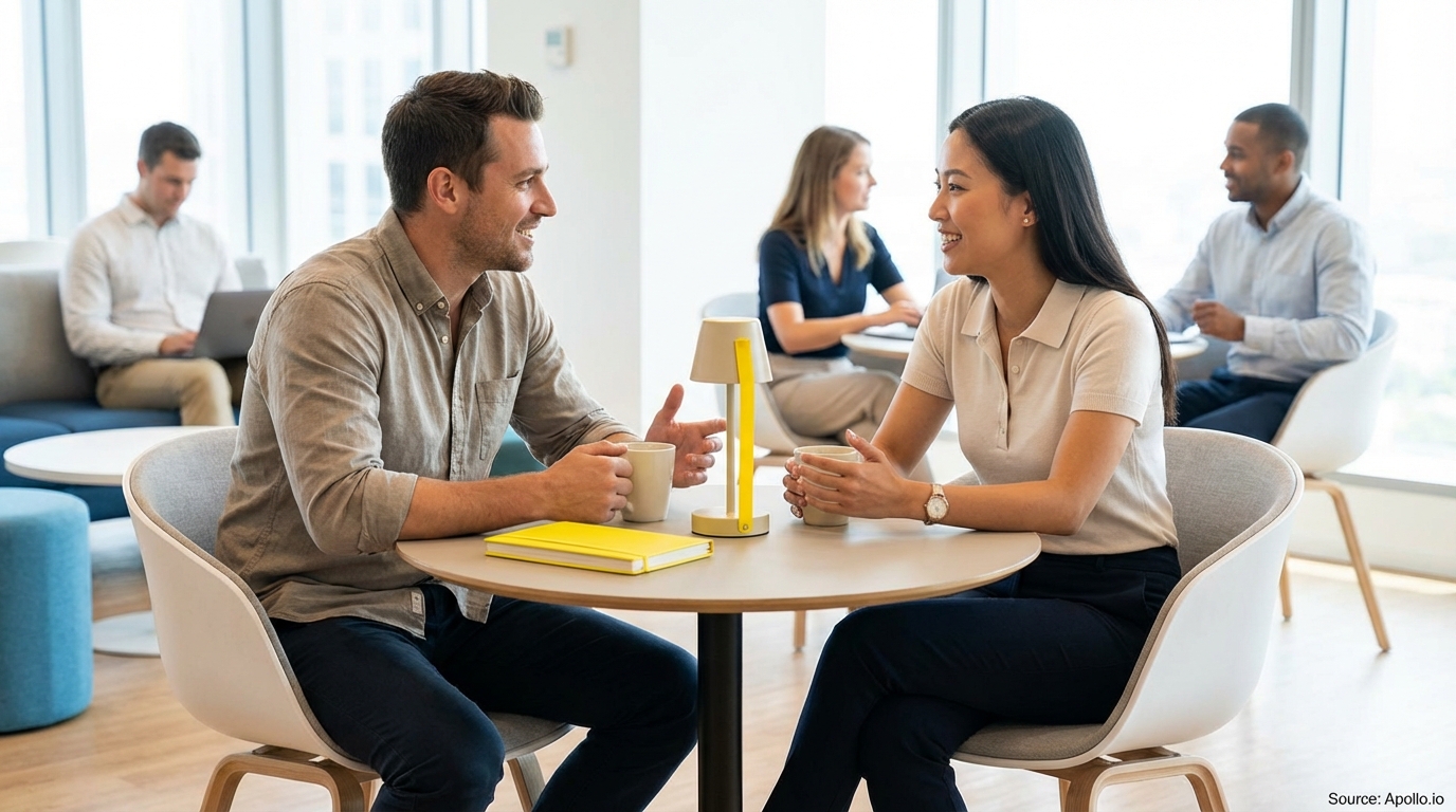 Two professionals talk at a bright office table, with colleagues working in the background.