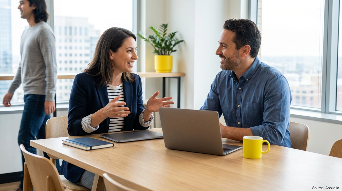 Two smiling professionals discuss at a modern office table, with a person walking in the background.