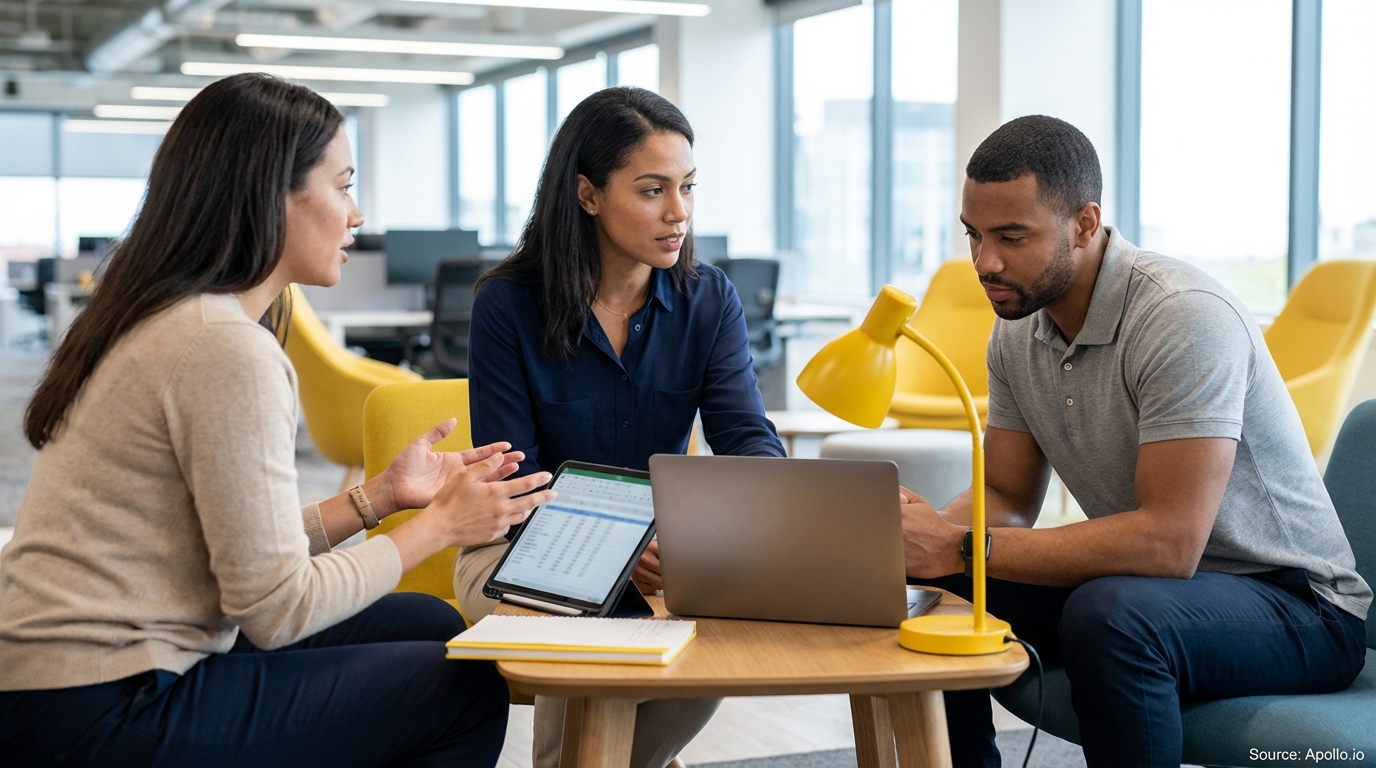 Three professionals discuss data on a tablet and laptop in a modern office lounge.