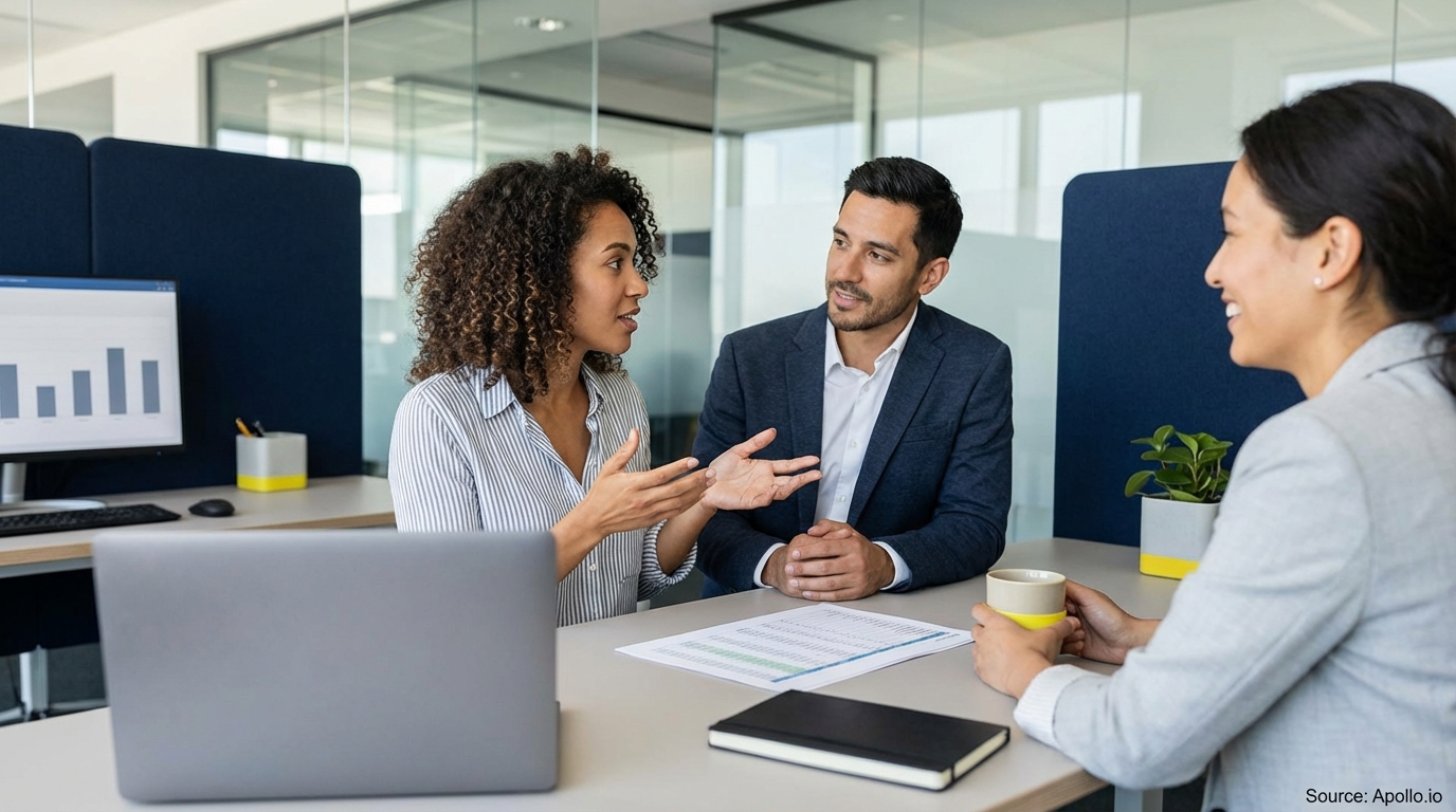 Three colleagues discuss data displayed on a monitor during a modern office meeting.