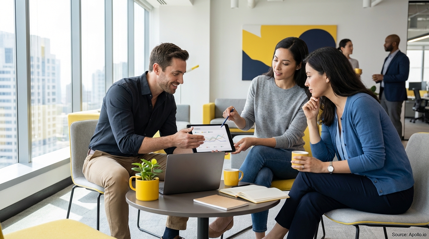 Three professionals reviewing charts on a tablet in a bright office.