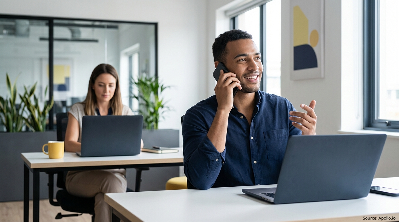 Two professionals working in a modern office, one talking on a phone and the other on a laptop.