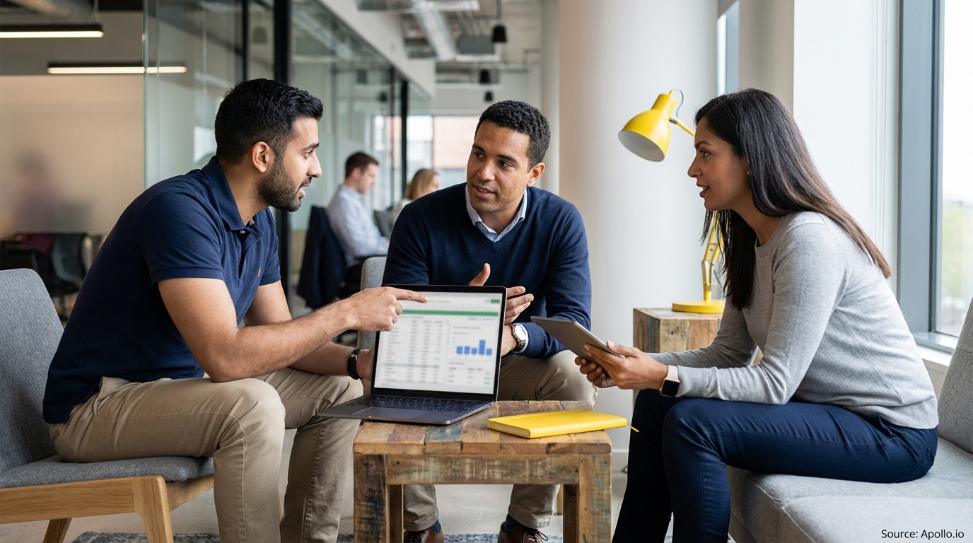 Two men and a woman analyze data on a laptop and tablet in an office setting.