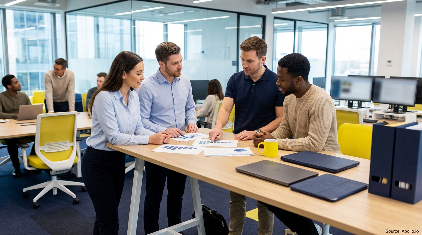 Sales team collaborating in a modern open-plan office analyzing performance data