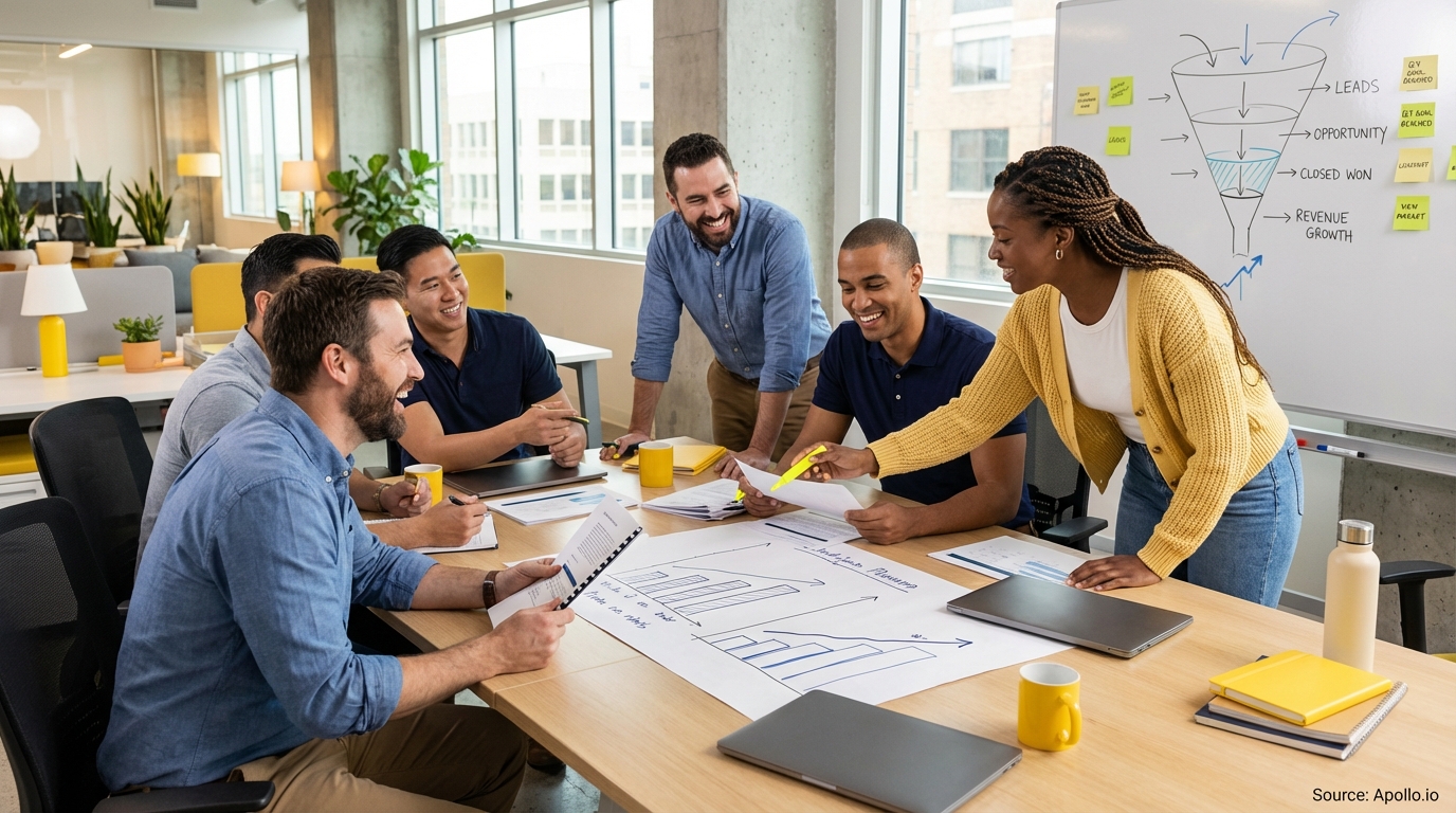 Sales professionals discussing strategy around a conference table analyzing performance data