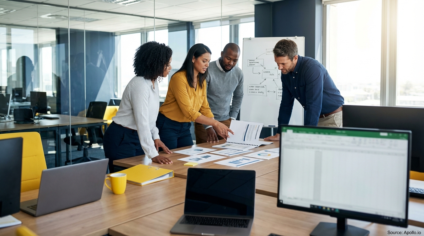 Sales team collaborating in a modern open-plan office in a sales team meeting