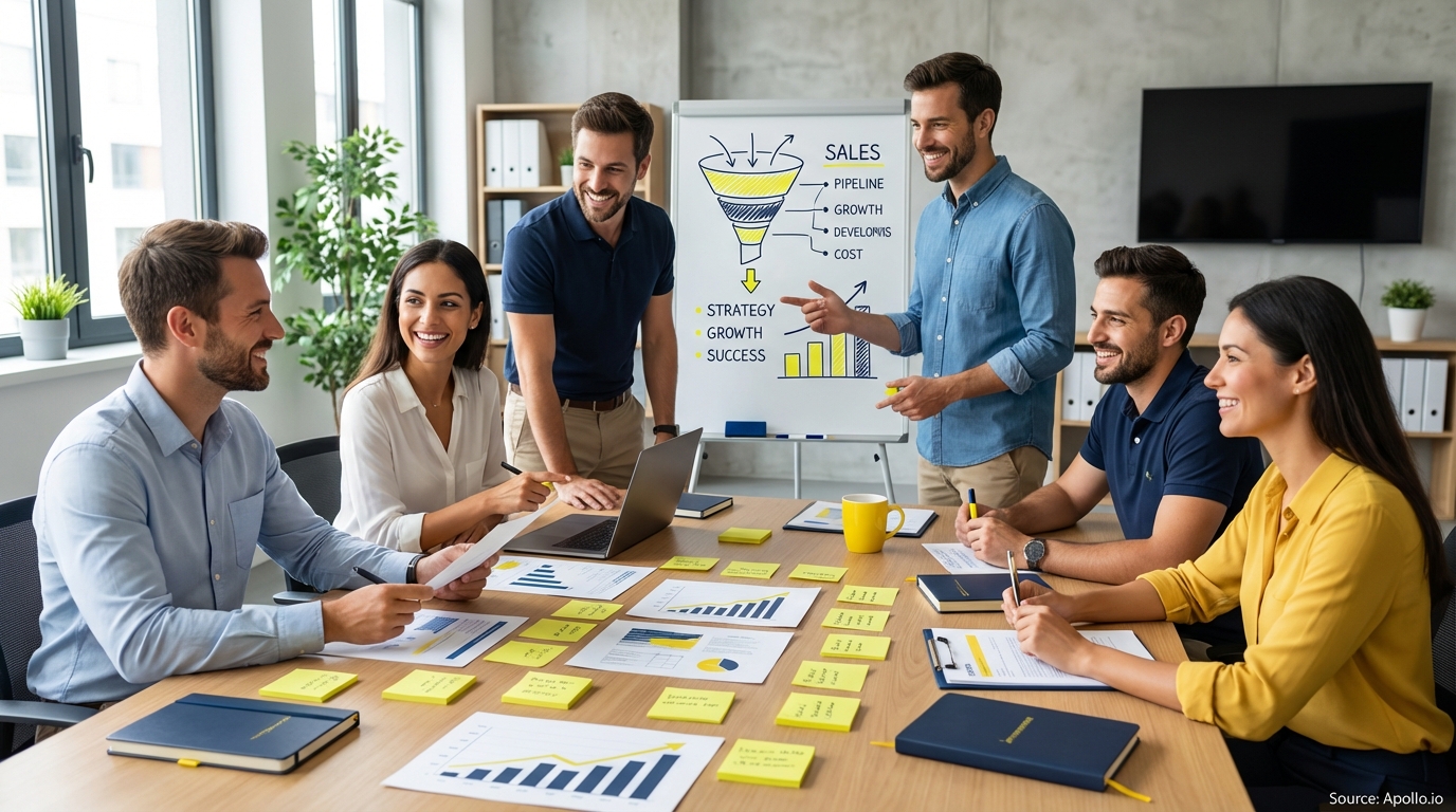 Sales professionals discussing strategy around a conference table in a sales team meeting