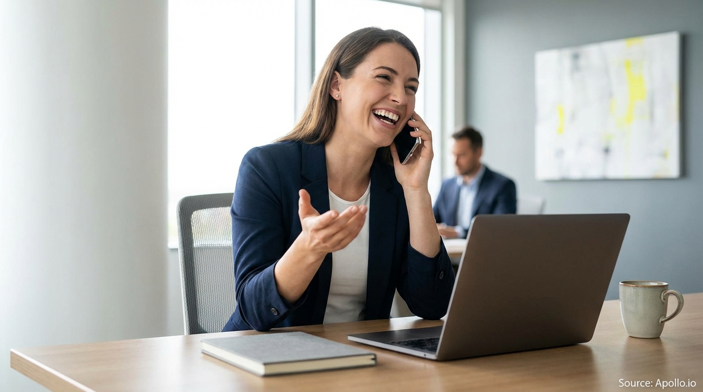 A laughing woman on a phone call at a modern office desk with a laptop, a man works behind her.