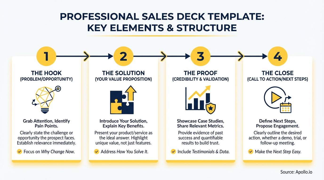 A four-step infographic illustrating a professional sales deck template with numbered stages and icons.