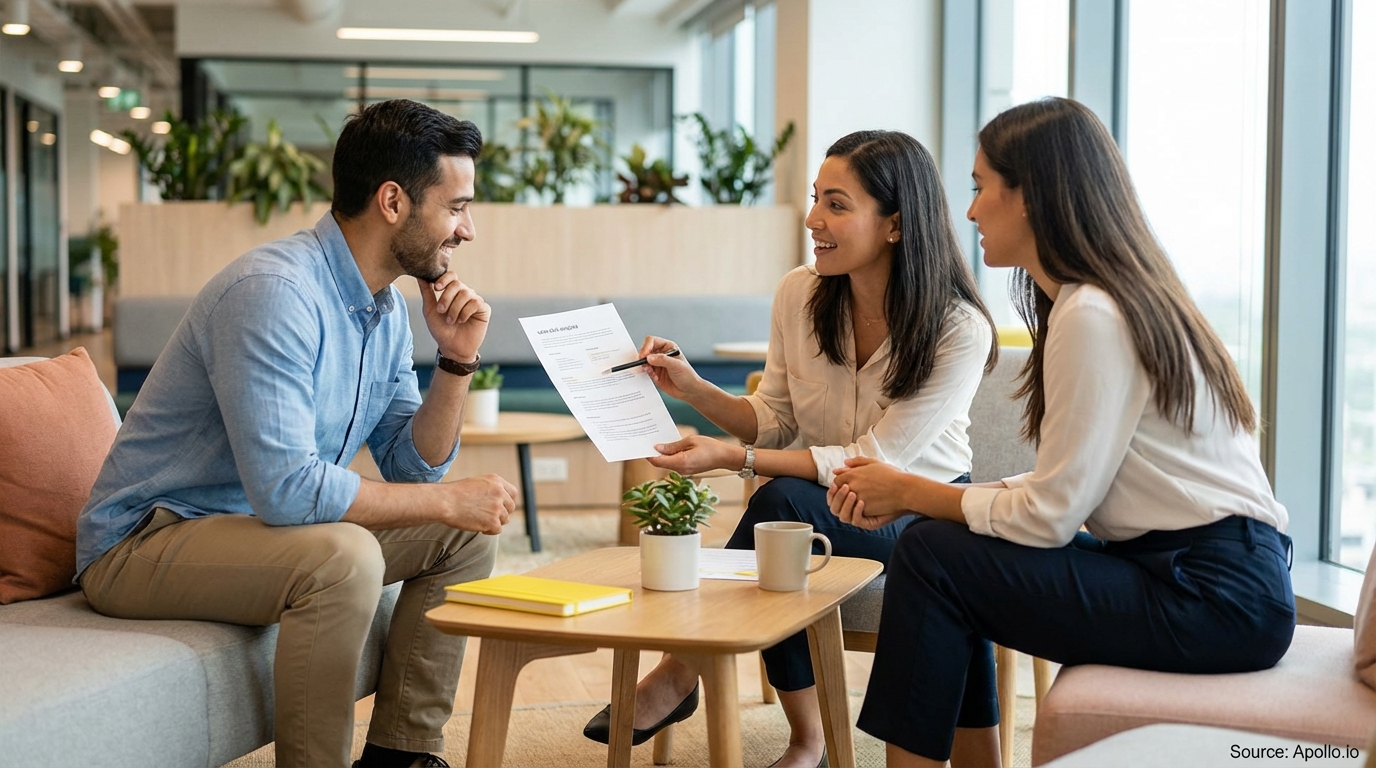 Three colleagues review a sales deck template together in a contemporary office setting.