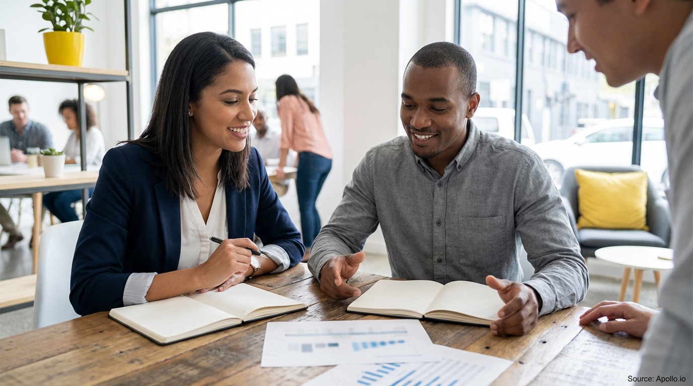 Three professionals discuss business at a modern office table with notebooks and charts.