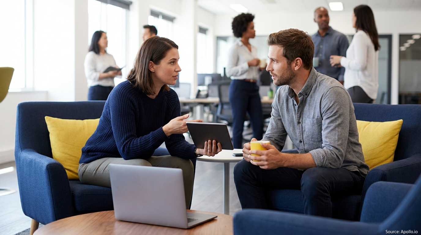Two professionals discuss a tablet in an office lounge, with others conversing in the background.