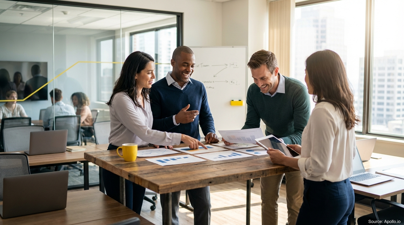 Sales team collaborating in a modern open-plan office in a sales team meeting