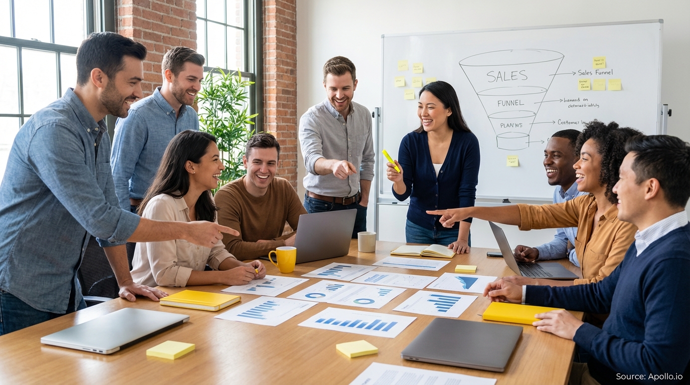 Sales professionals discussing strategy around a conference table in a sales team meeting