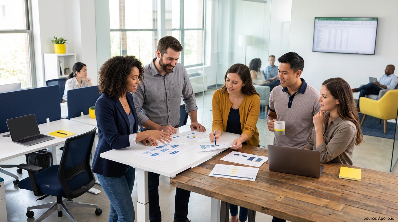 Sales team collaborating in a modern open-plan office in a sales team meeting