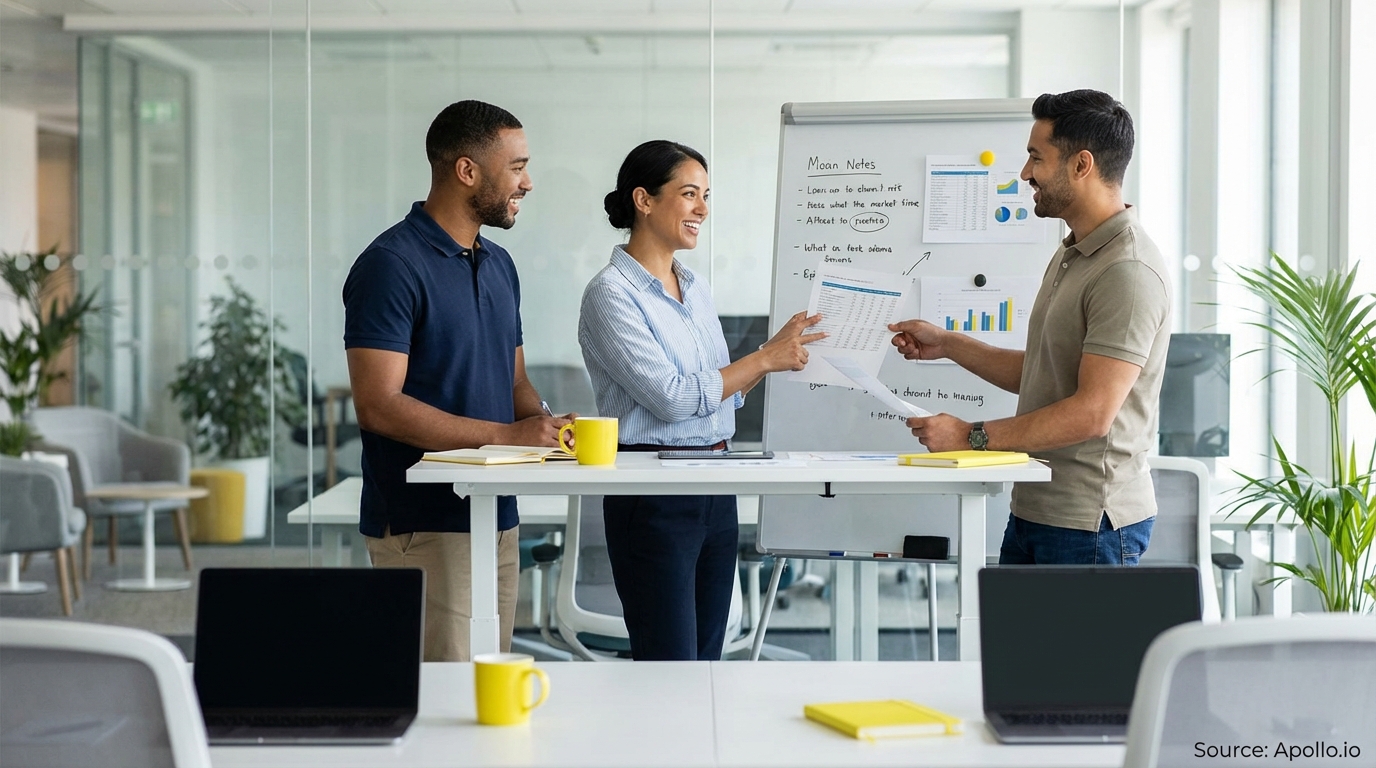 Sales team collaborating in a modern open-plan office discussing compensation strategies