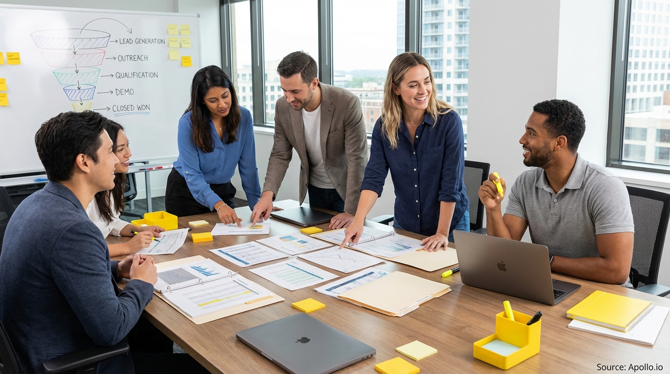 Sales professionals discussing strategy around a conference table in a sales team meeting