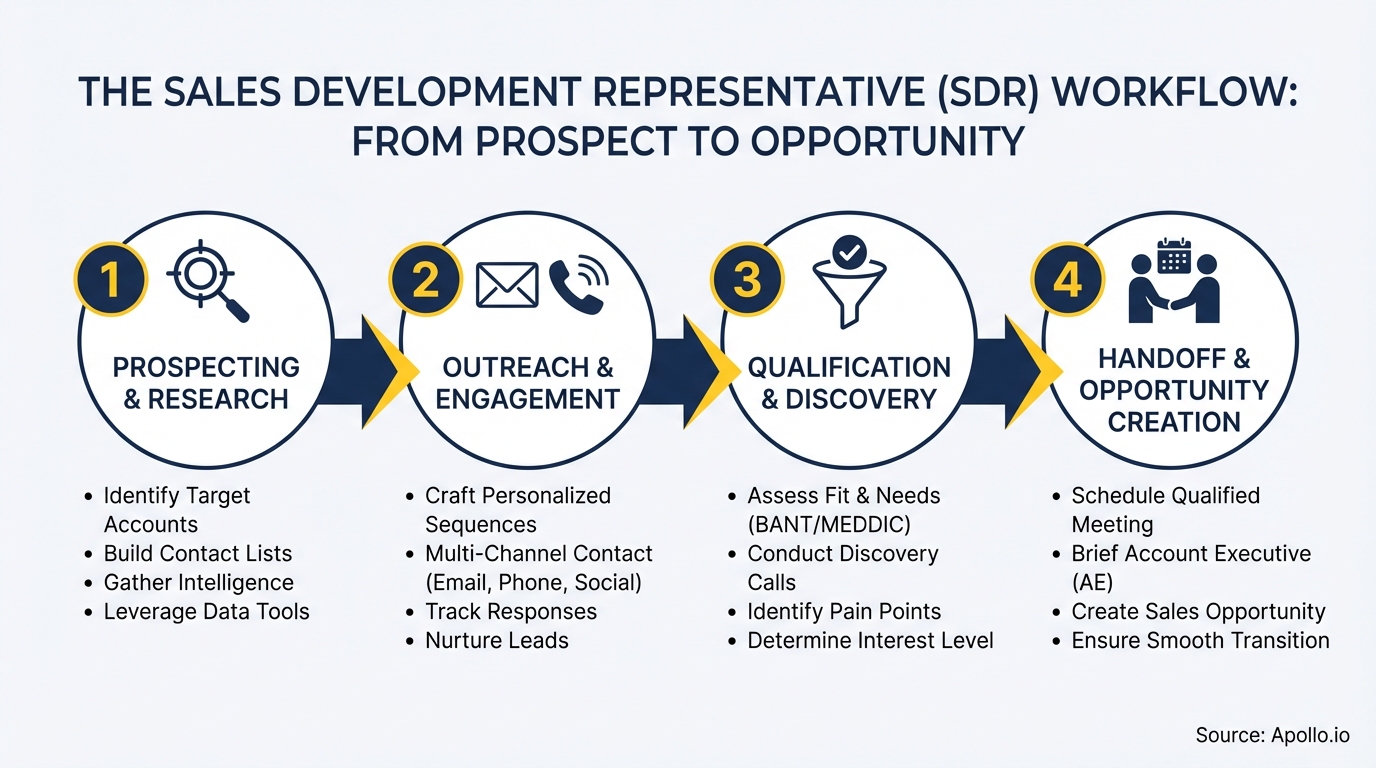 Diagram showing a four-step sales development representative workflow from prospect to opportunity.