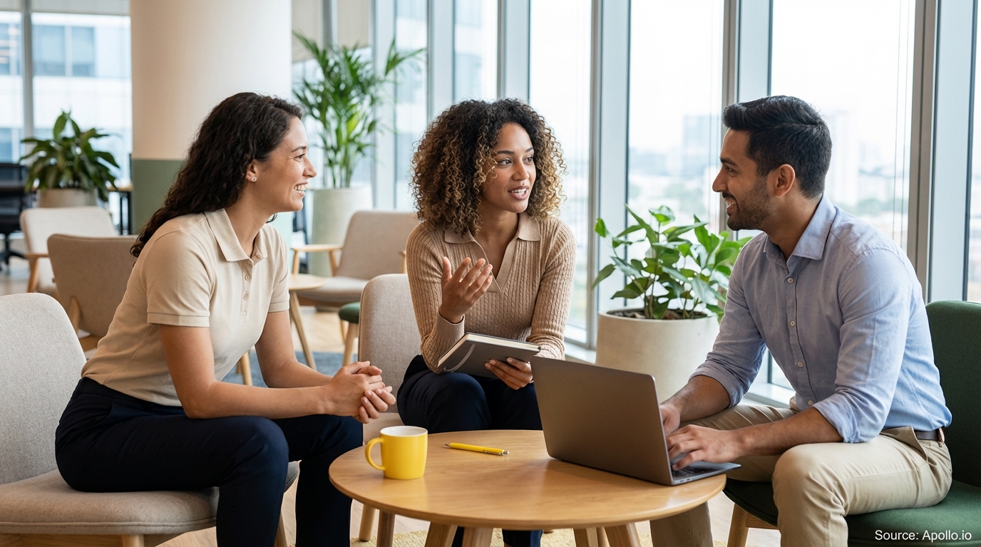 Three diverse colleagues discussing at a table in a modern office.