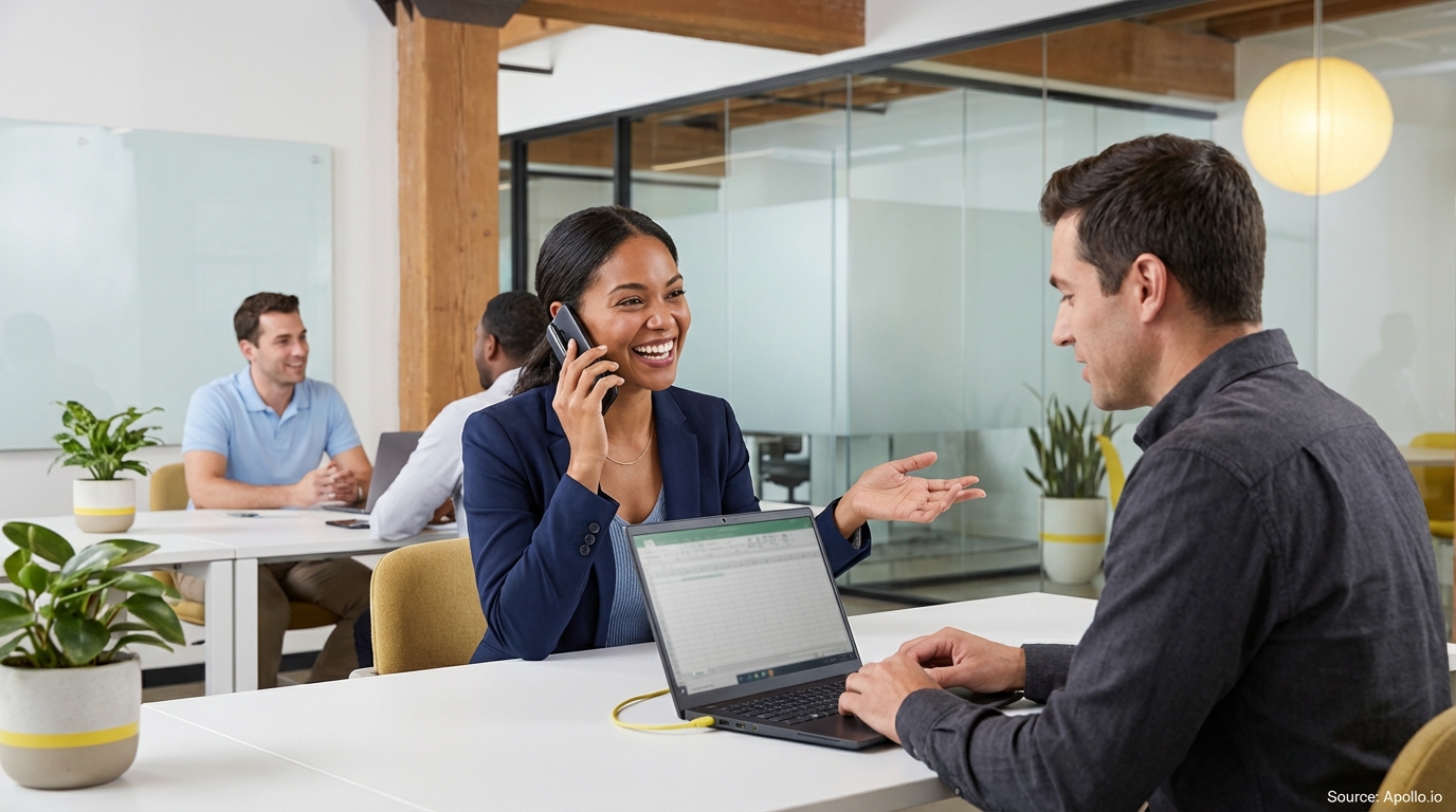 Four professionals busy in a modern office, using laptops and a phone.