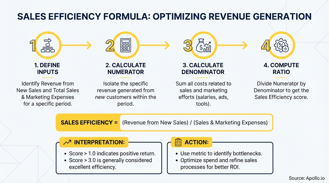 A diagram illustrating a four-step sales efficiency formula with interpretation and action.