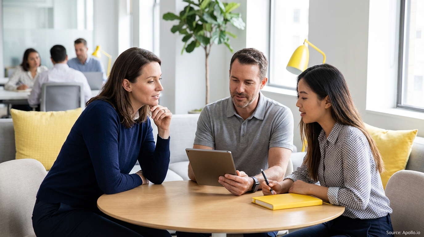 Three colleagues collaborate around a tablet at a round table in a bright modern office.