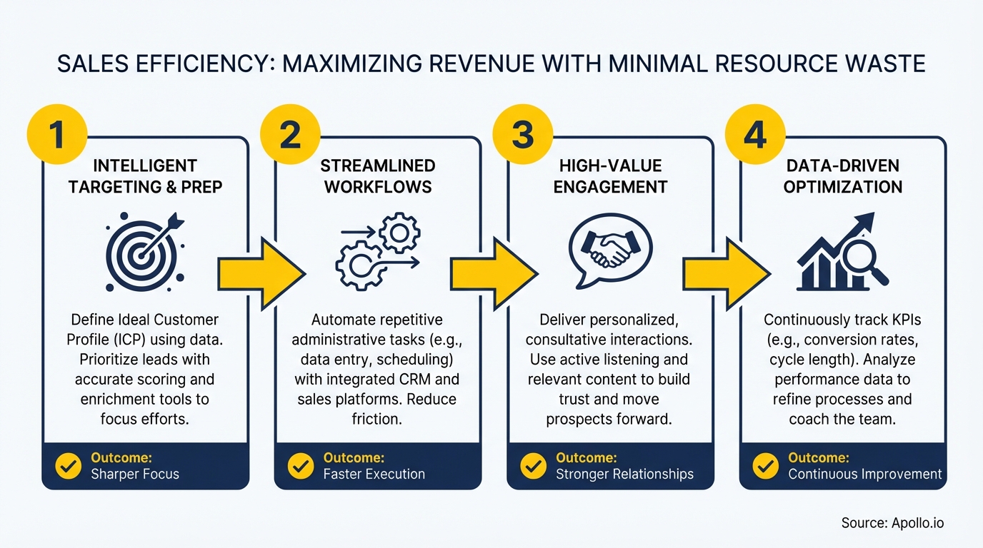 A four-step process diagram outlines sales efficiency, covering intelligent targeting, streamlined workflows, high-value engagement, and data optimization.