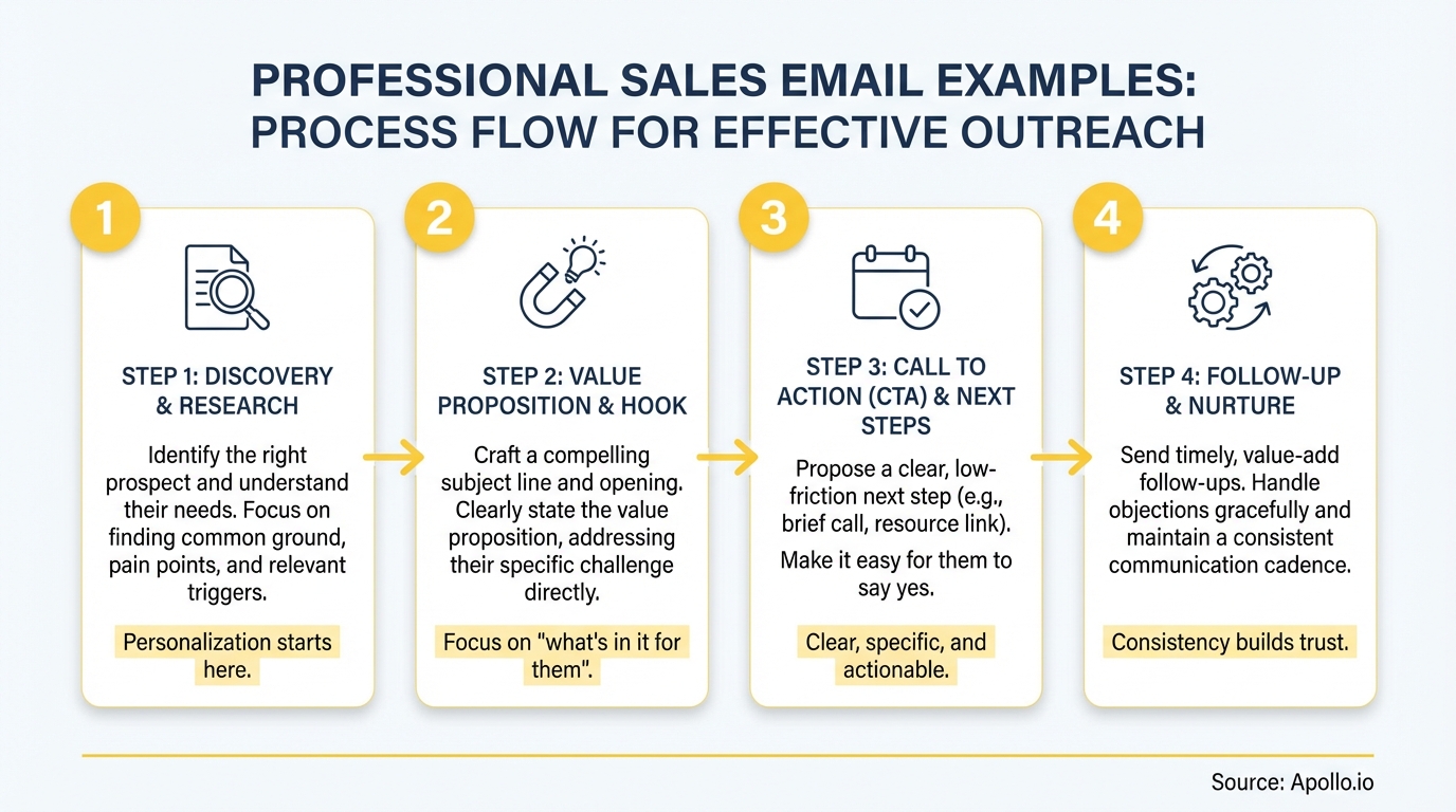 A four-step diagram illustrating the process flow for effective sales email outreach.