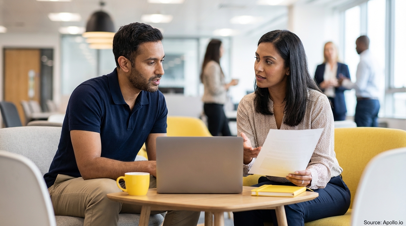 Two diverse professionals discuss work in a modern office lounge with a laptop and papers.