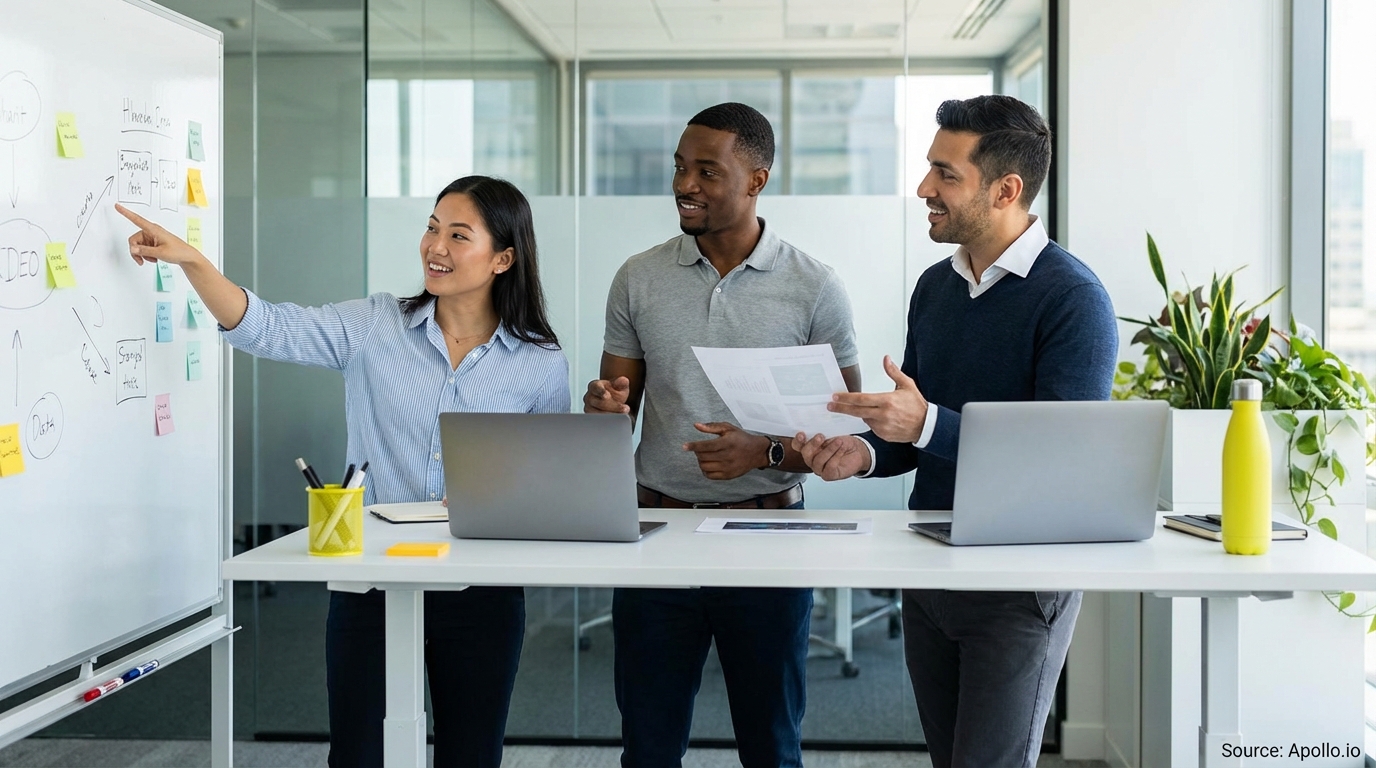 Sales team collaborating in a modern open-plan office planning outreach campaigns