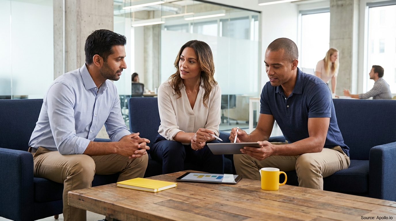 Three professionals discussing charts on a tablet in a modern office.