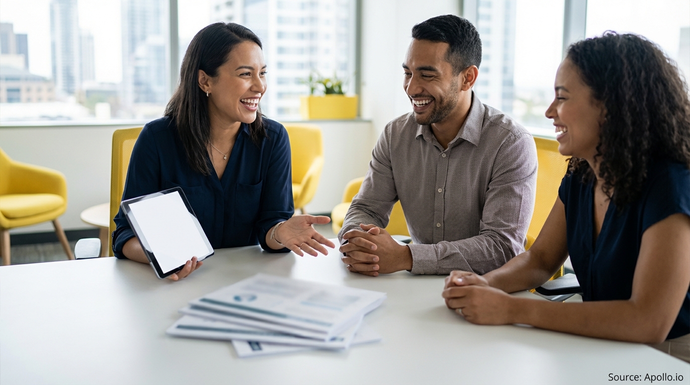 Three smiling professionals discuss work at a modern office table, with one holding a tablet.
