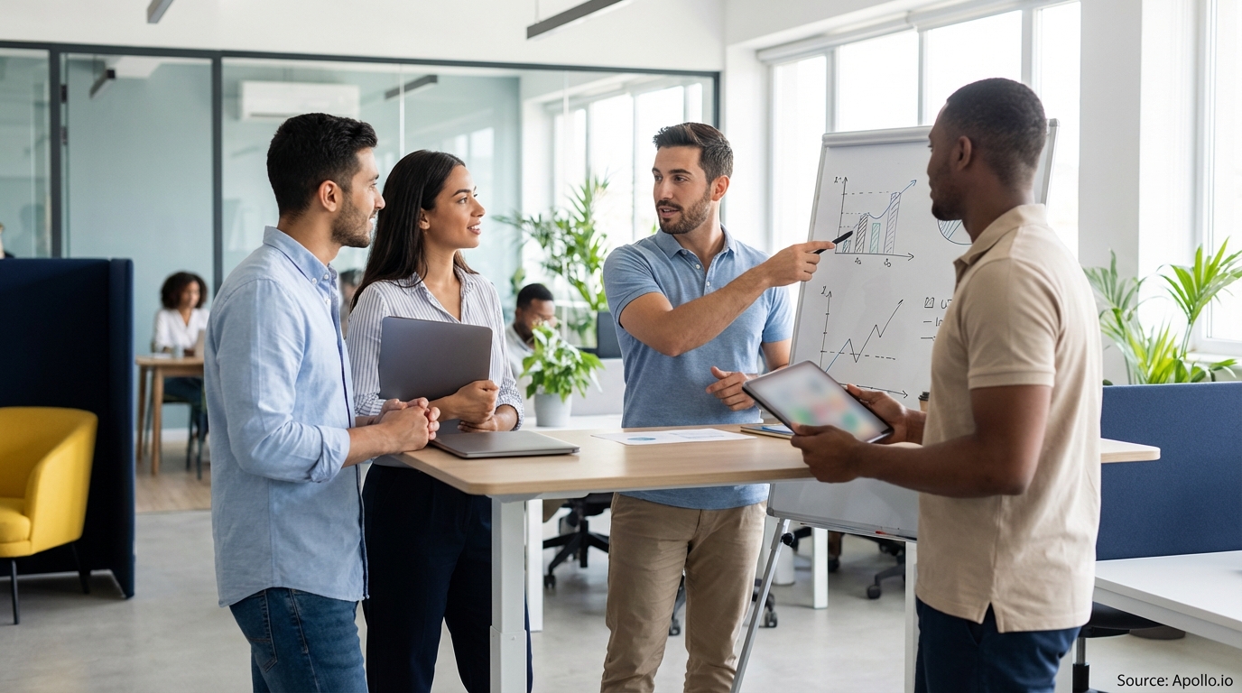 Sales team collaborating in a modern open-plan office discussing compensation strategies