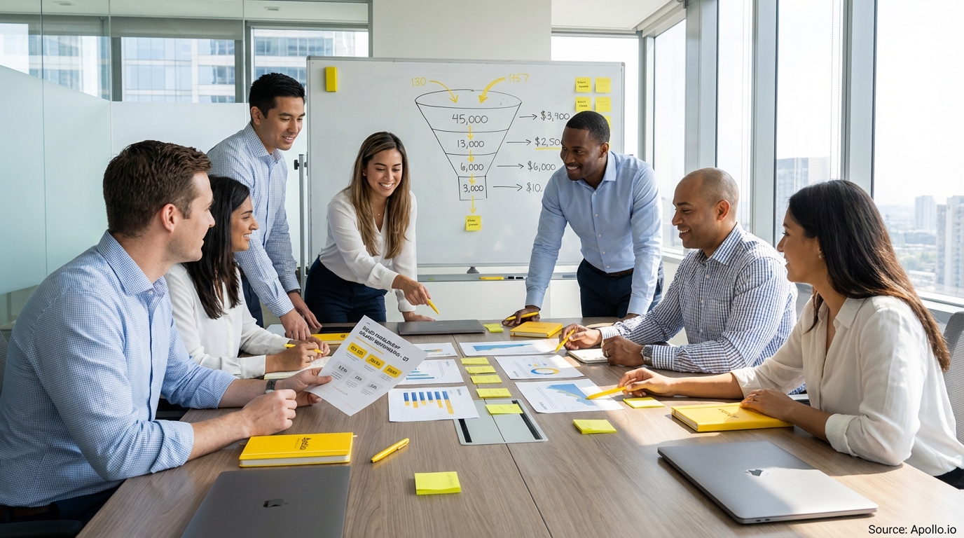 Sales professionals discussing strategy around a conference table discussing compensation strategies