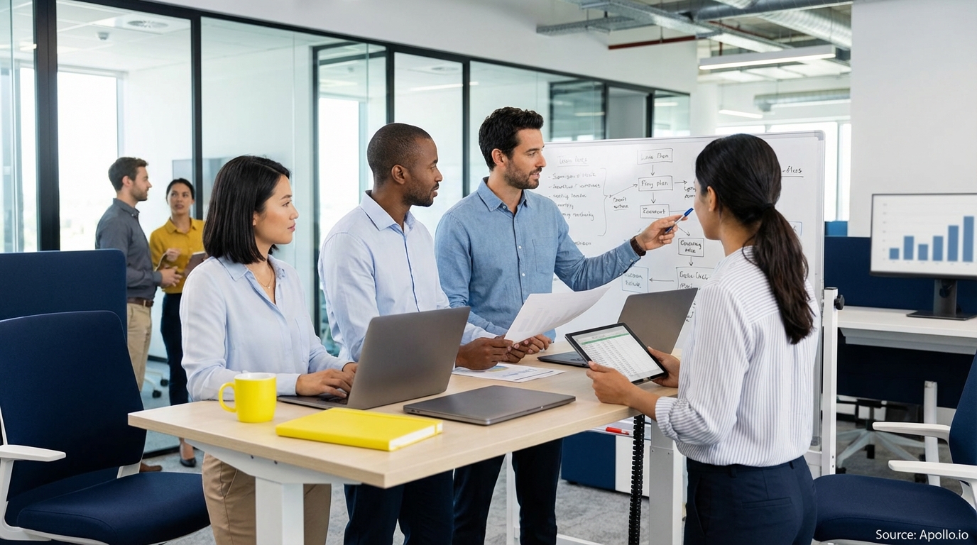 Sales team collaborating in a modern open-plan office evaluating sales technology options