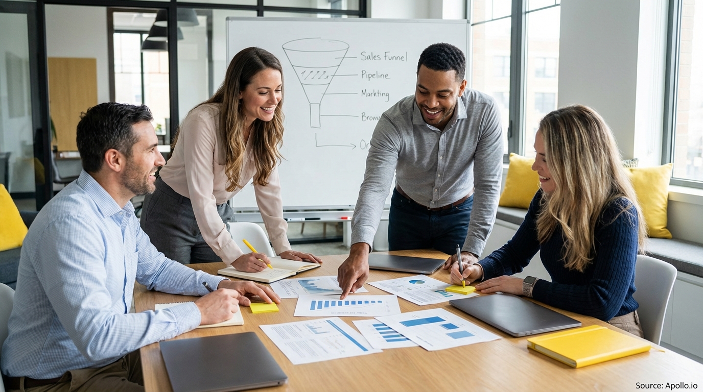 Sales professionals discussing strategy around a conference table evaluating sales technology options