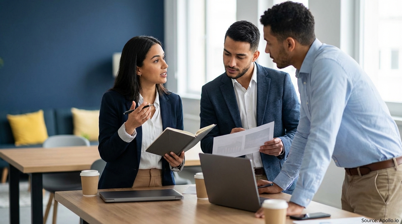 Three business colleagues discuss strategy, reviewing documents and a laptop in an office.