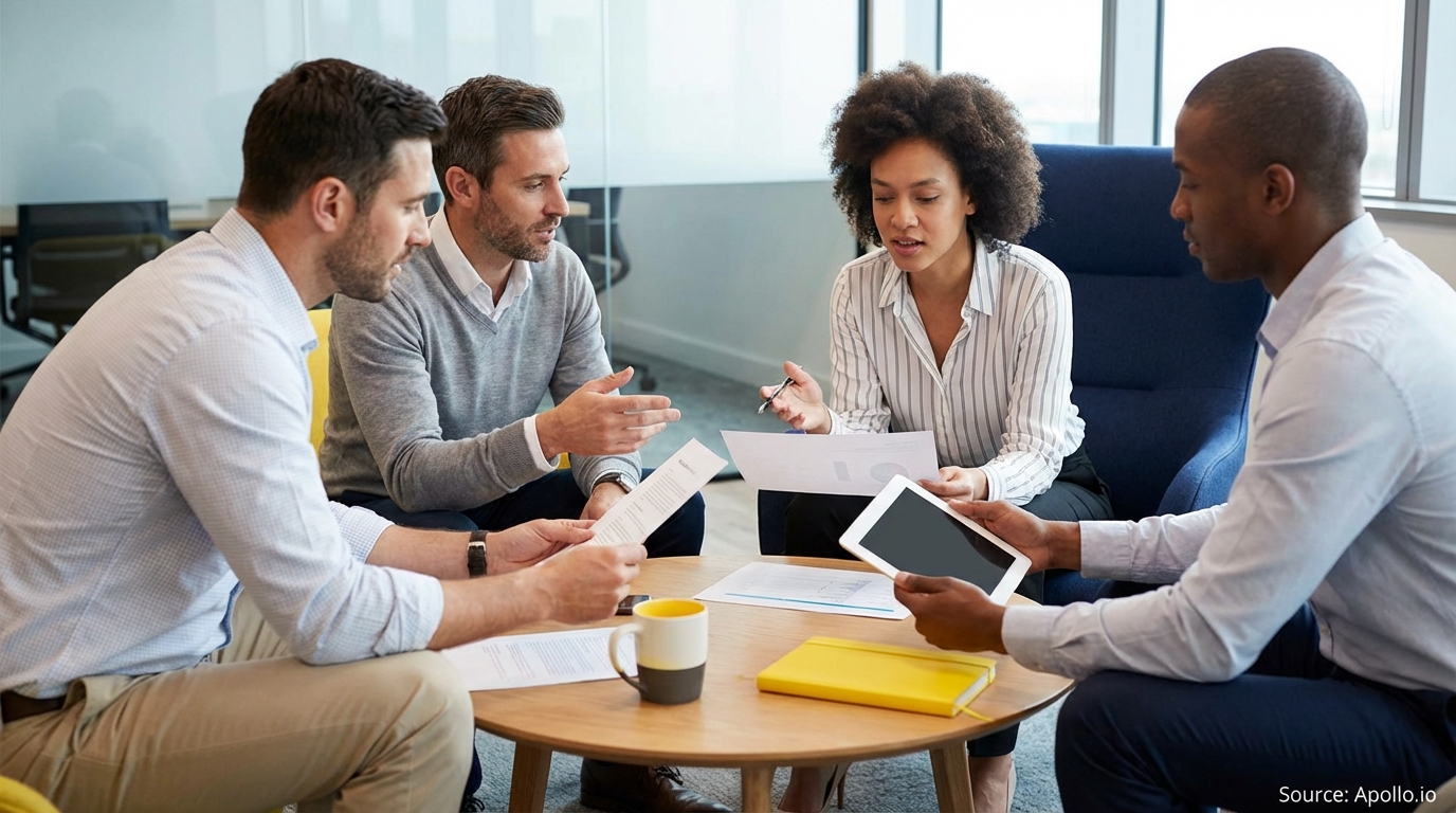 Four business professionals discuss reports around a table in a modern office.