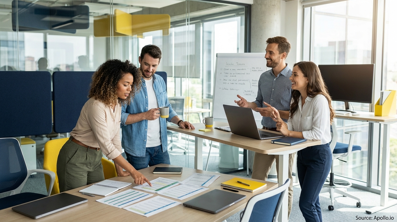 Sales team collaborating in a modern open-plan office evaluating sales technology options