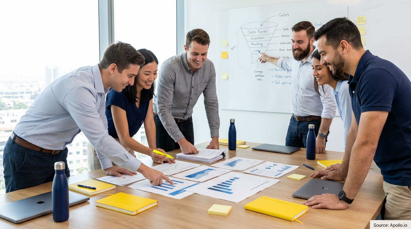 Sales professionals discussing strategy around a conference table evaluating sales technology options