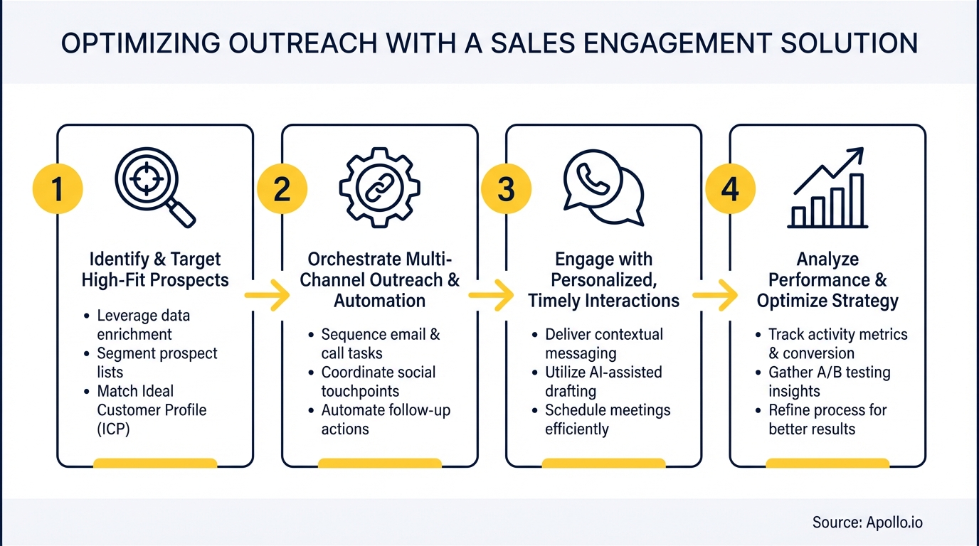 Four-step diagram illustrating a sales engagement solution process, from prospect identification to strategy optimization.