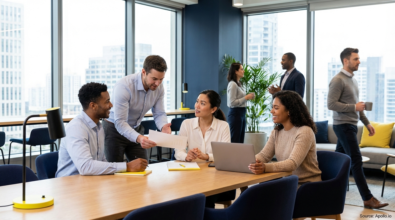 Four professionals discuss documents at a table while others converse in a bright modern office.