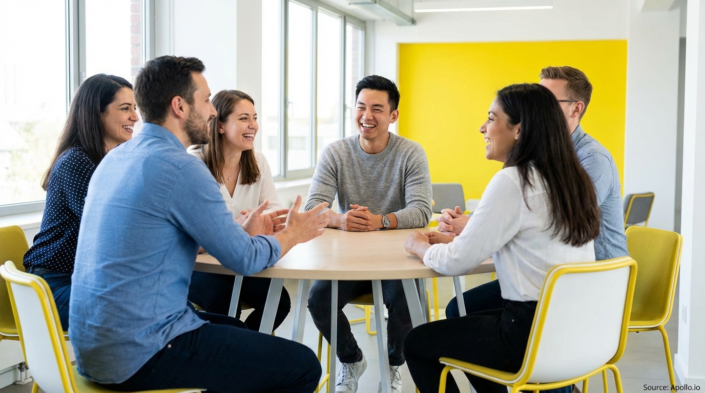 Six diverse professionals engage in a lively discussion around a table in a modern office.