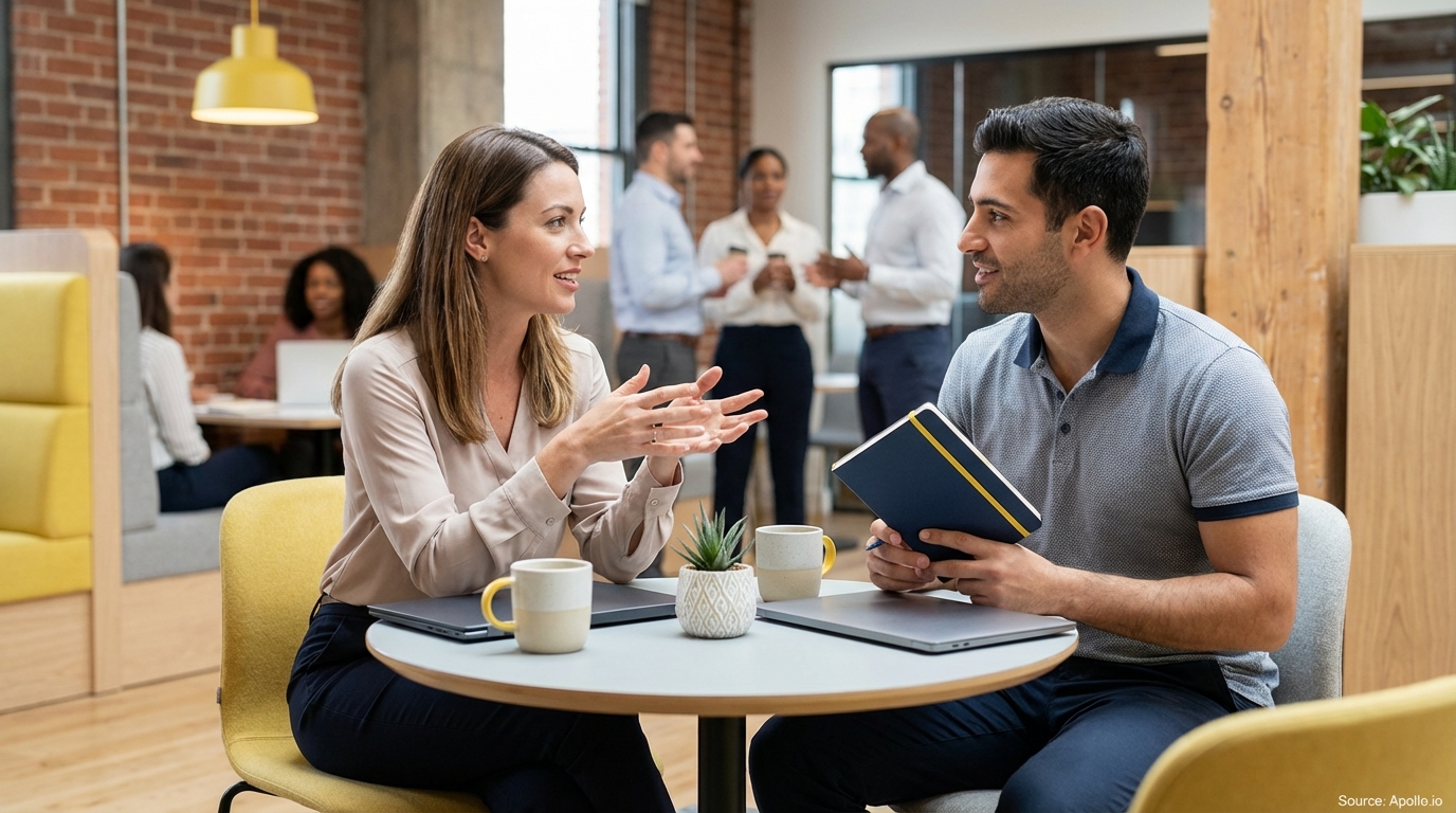 Two people talk at a table with laptops in a vibrant office space.