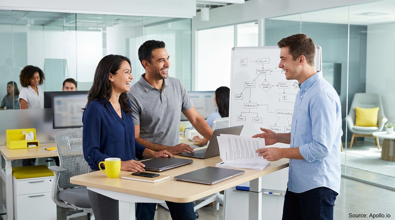 Sales team collaborating in a modern open-plan office in a sales team meeting