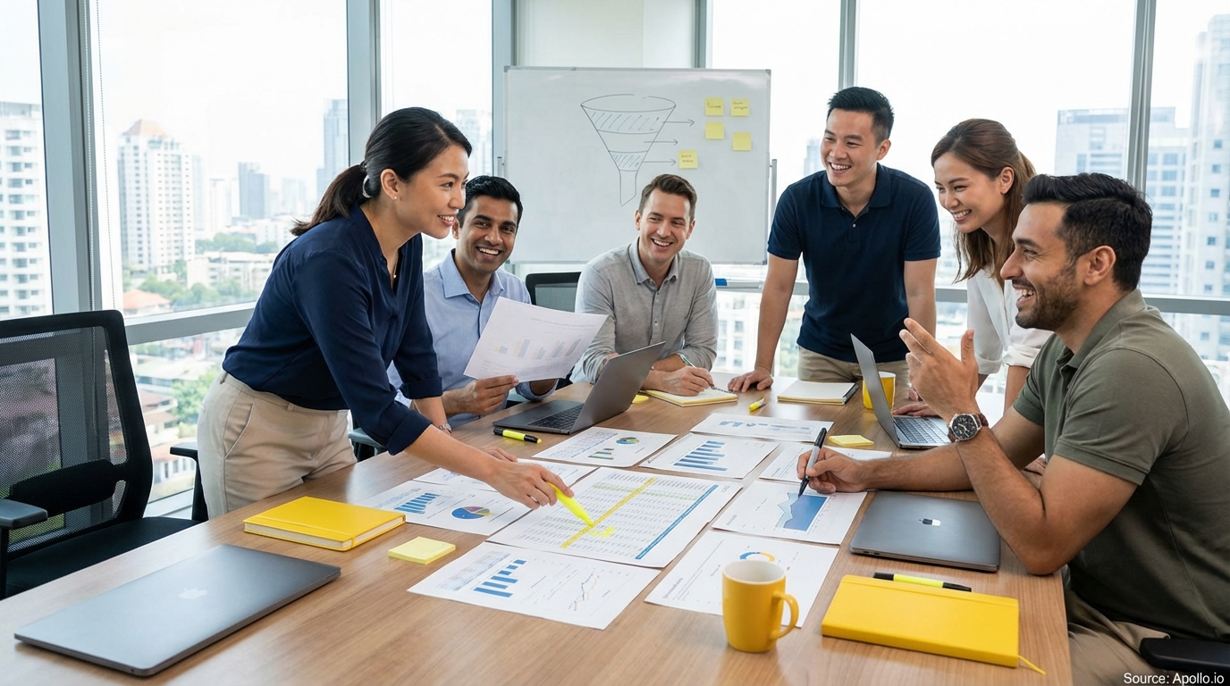 Sales professionals discussing strategy around a conference table in a sales team meeting