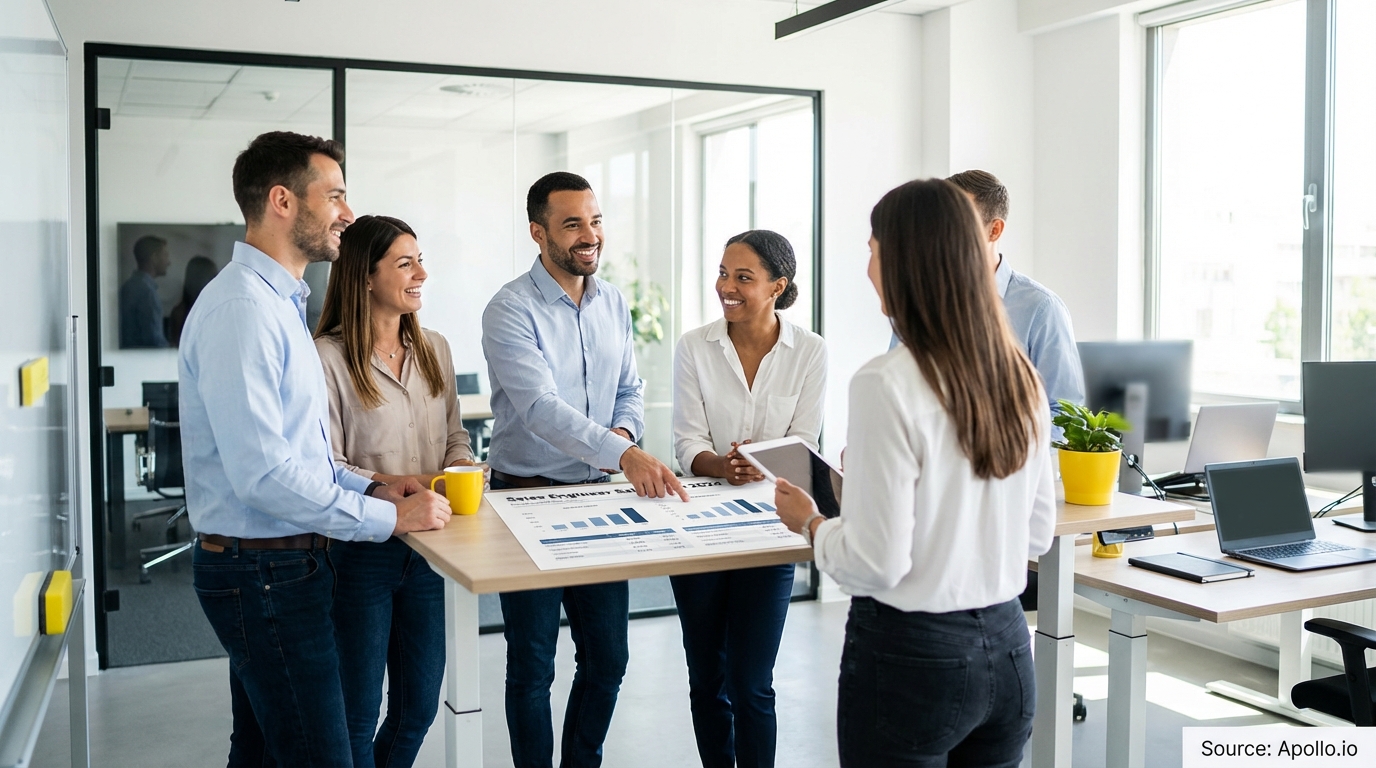 Sales team collaborating in a modern open-plan office discussing compensation strategies