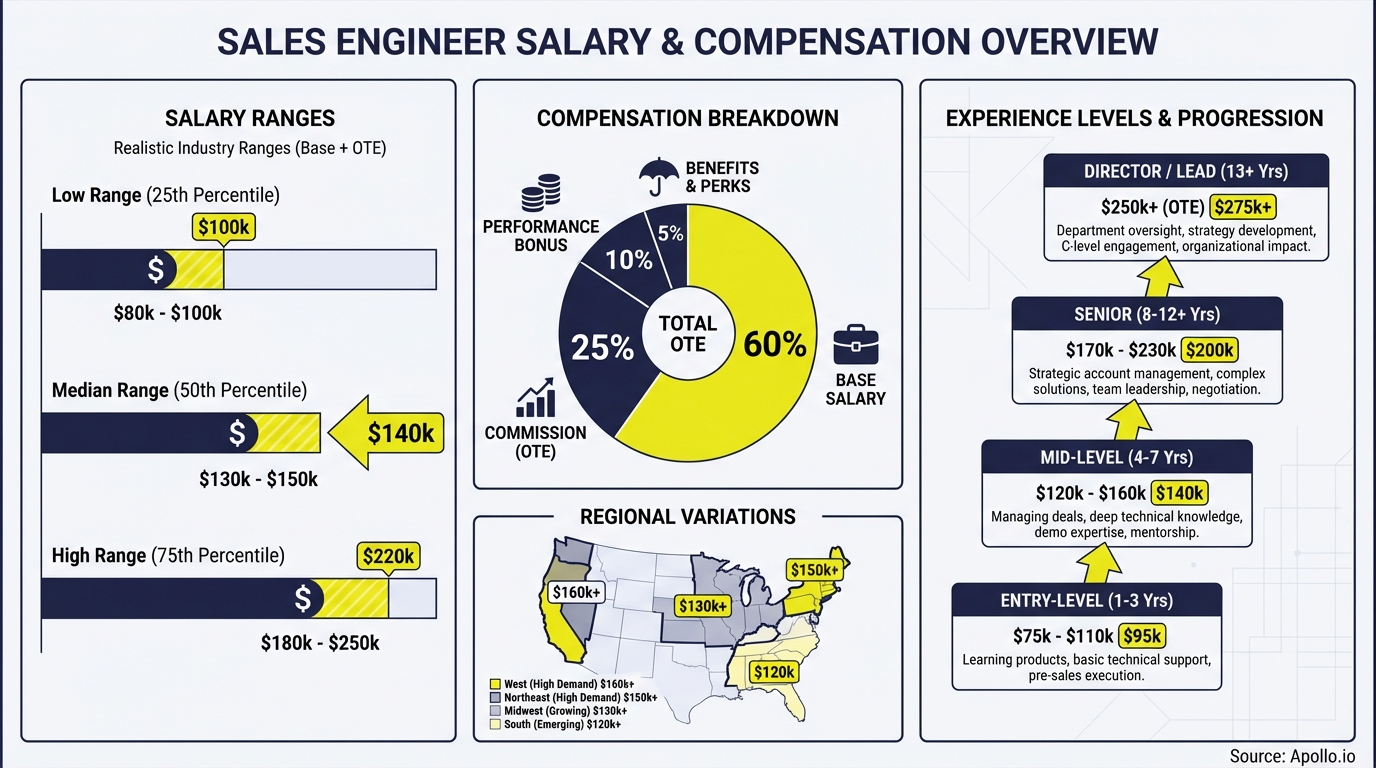 Infographic showing sales professional salary ranges and compensation breakdown by experience level